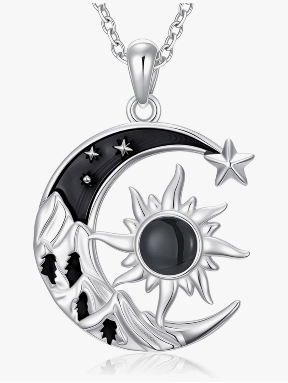 Sterling Silver Moon & Sun Pendant Necklace with Black Accents